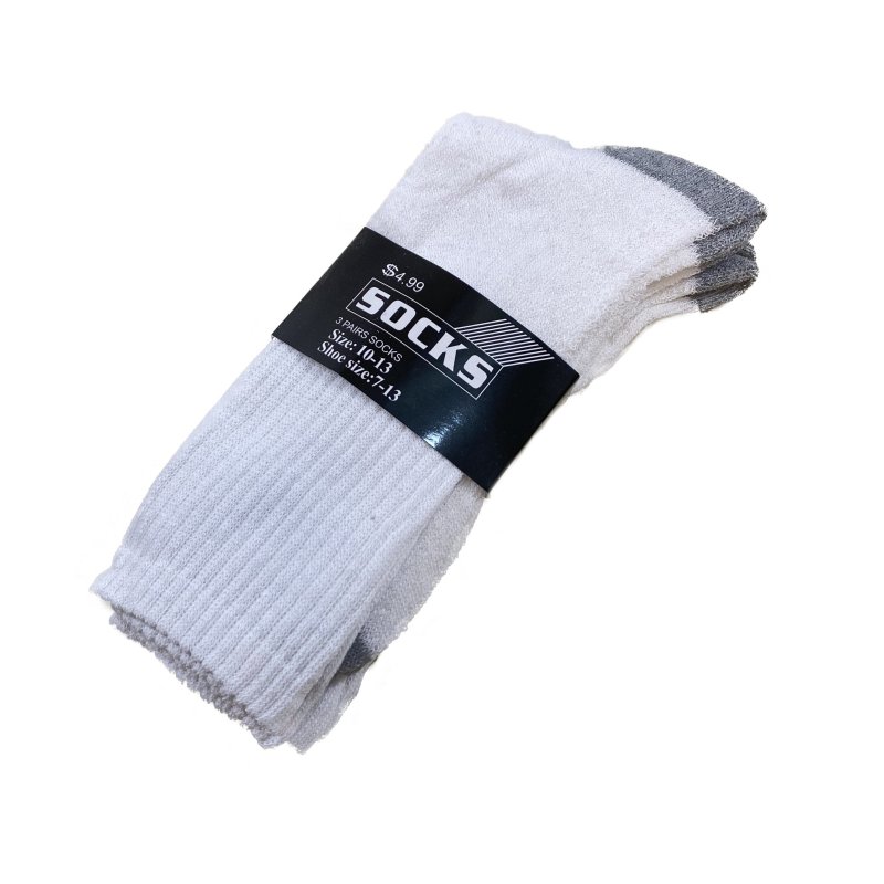 3pr Men's Crew SOCKS 10-13 [White with Gray Heel/Toe]